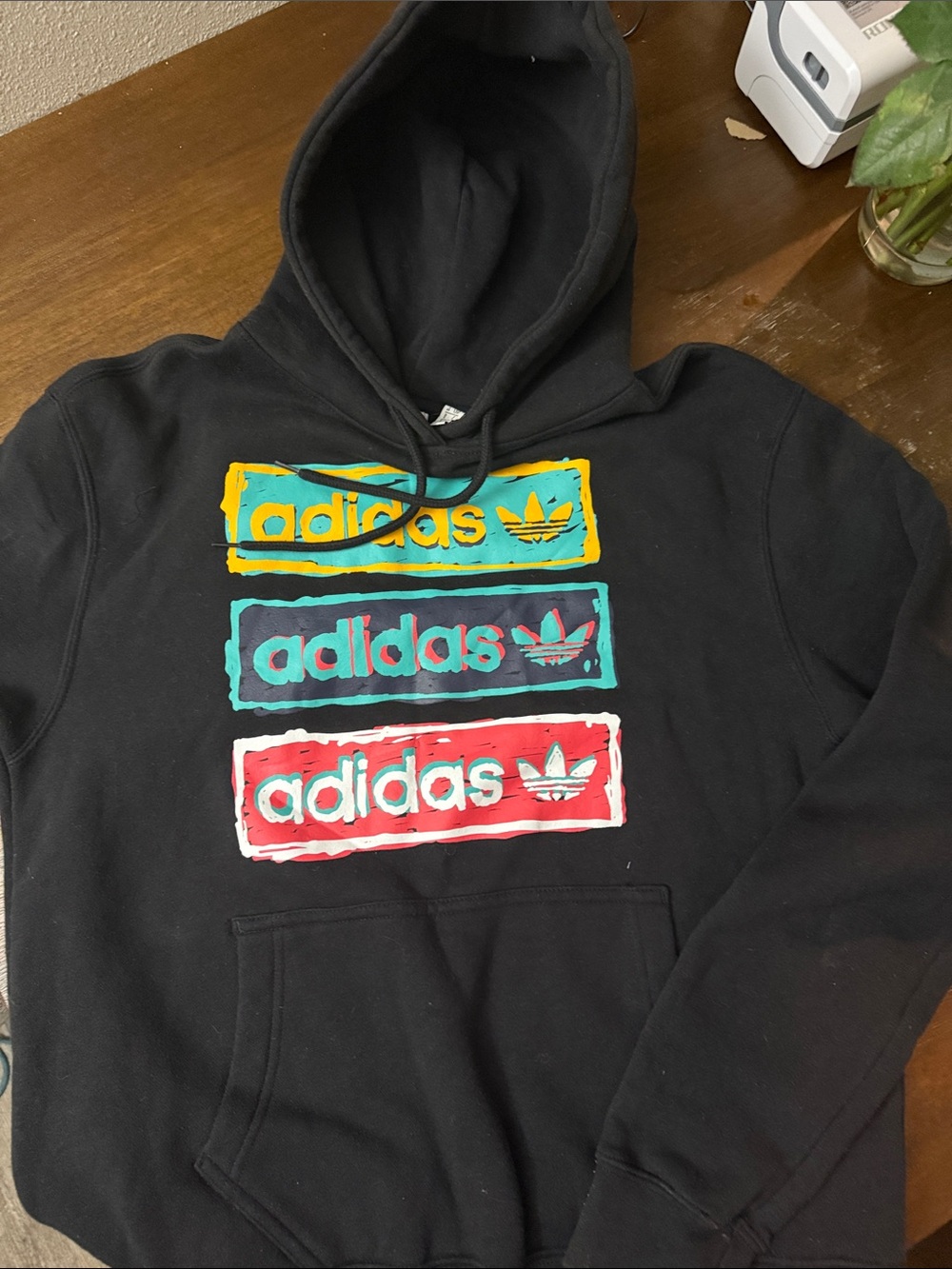 adidas Black Crewneck Hoodie with Multicolor Logo Blocks